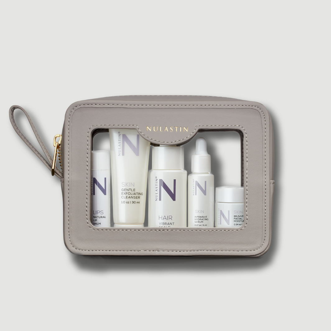 NULASTIN luxe travel kit in grey case against white background