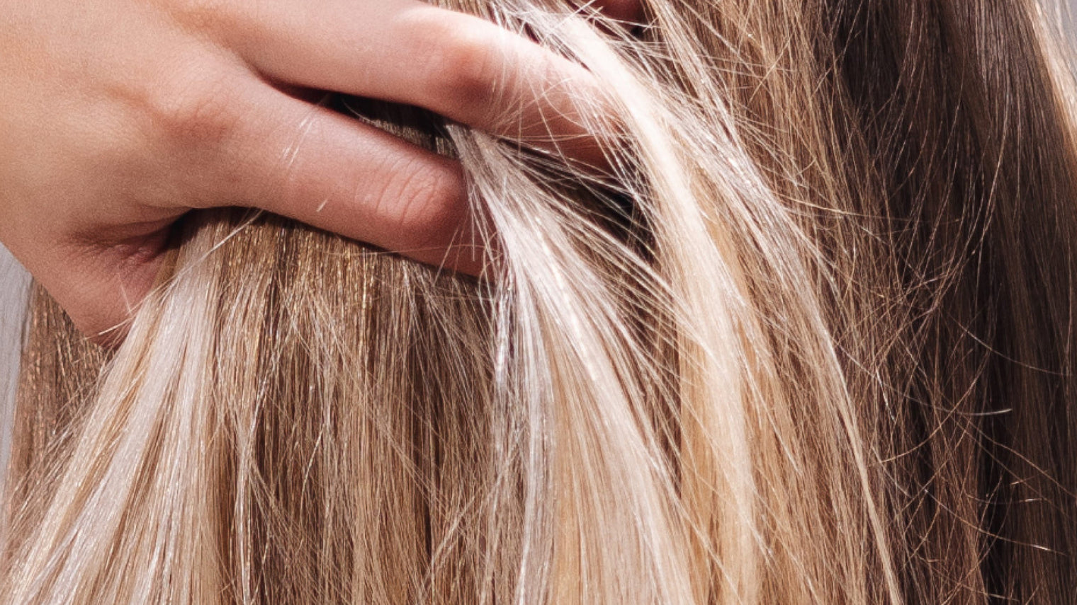 Close-up of a hand lifting a section of blonde hair to show texture and thickness