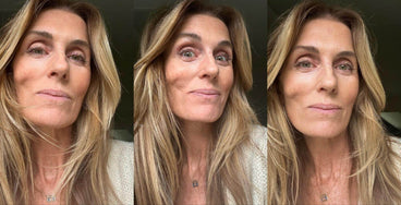 Woman posing in three close-up selfies showing fuller-looking natural brows from slightly different angles against a neutral background