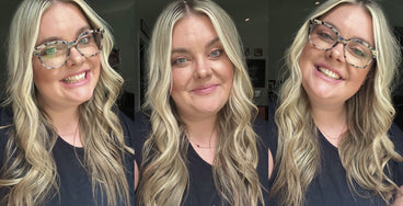 Woman smiling in three close-up selfies showing long wavy blonde hair and tortoiseshell glasses against a dark indoor background