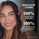Woman applying brow serum with results after 12 weeks; 100% noticed fuller brows and 100% saw sparse areas filling in