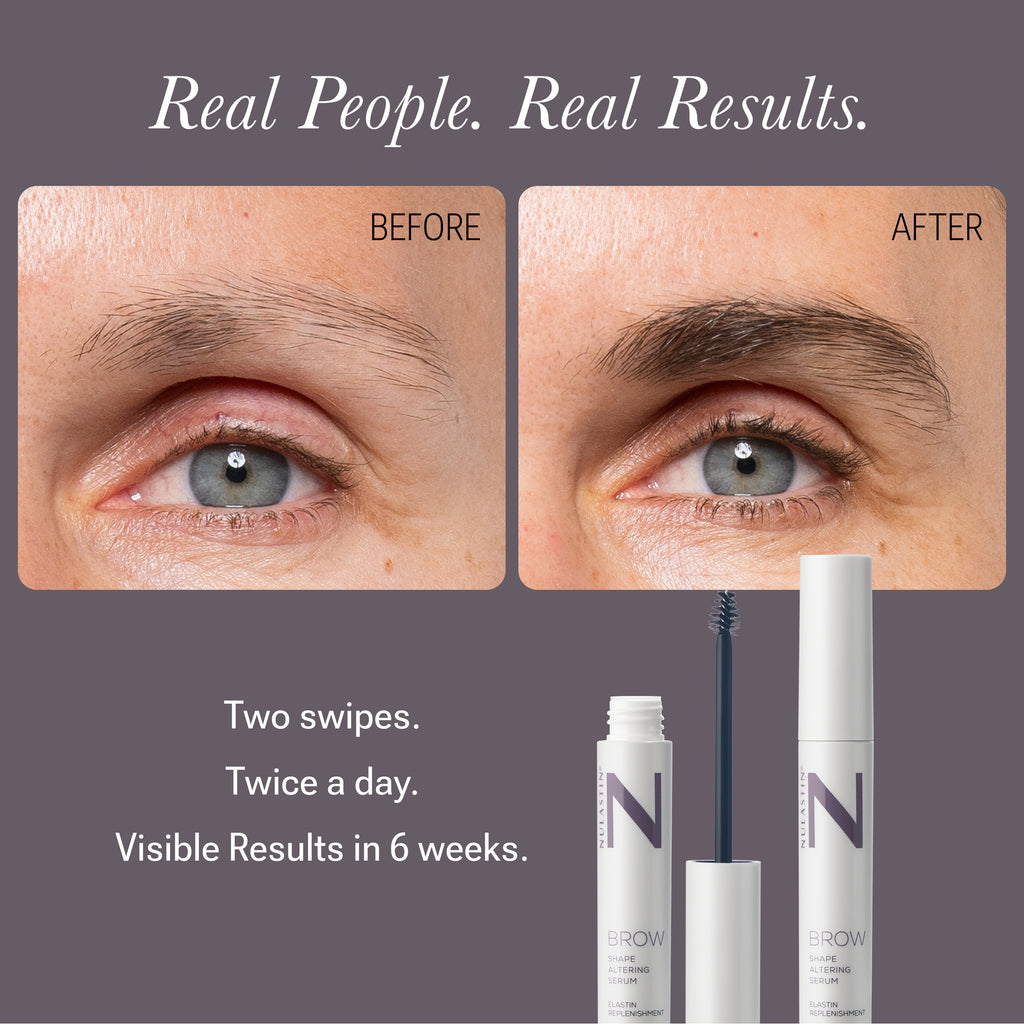 Close-up of two NULASTIN brow serum tubes beside before-and-after eyebrow photos with Real People Real Results text