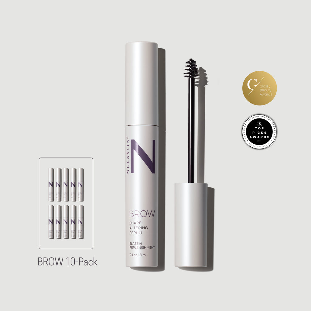 Tube of Nulastin’s award winning eyebrow serum for fuller looking brows