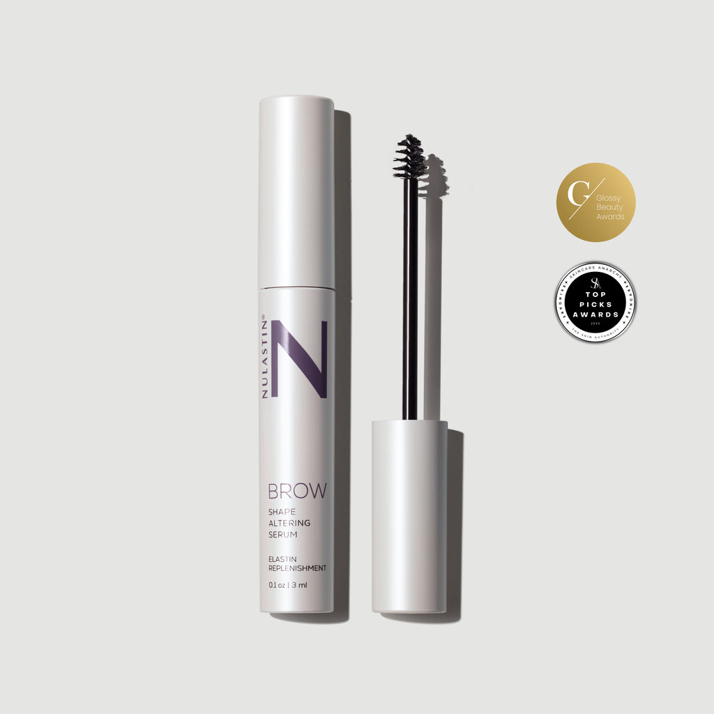 Tube of Nulastin’s award winning eyebrow serum for fuller looking brows