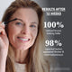 Woman applying lash and brow serum; after 12 weeks, 100% noticed fuller brows and 98% reported thicker, more voluminous lashes