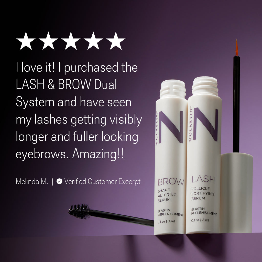 Front view of Signature Collection LASH & BROW Dual System showcasing paired lash and brow serums with a purple background