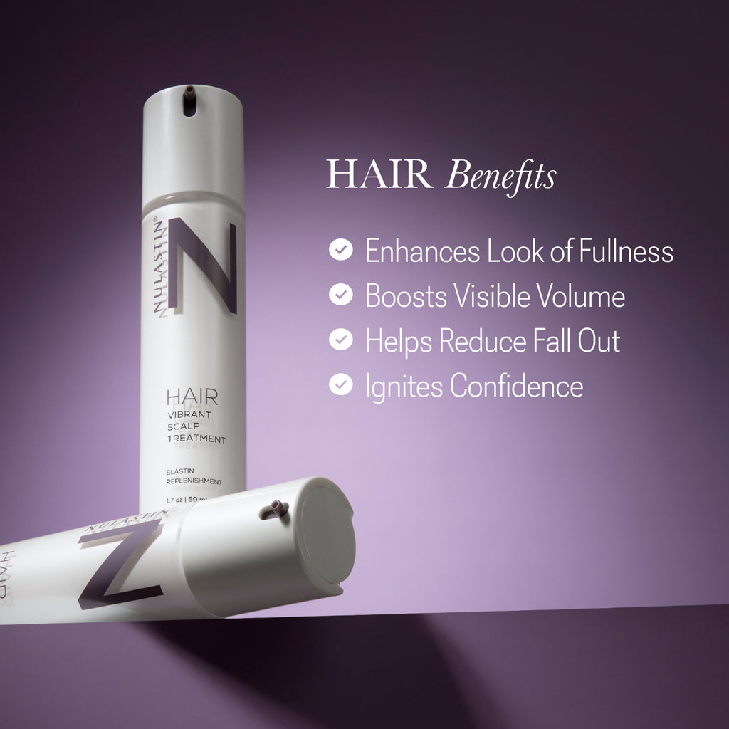 A list of product benefits for Nulastin’s award winning Vibrant Scalp Treatment  