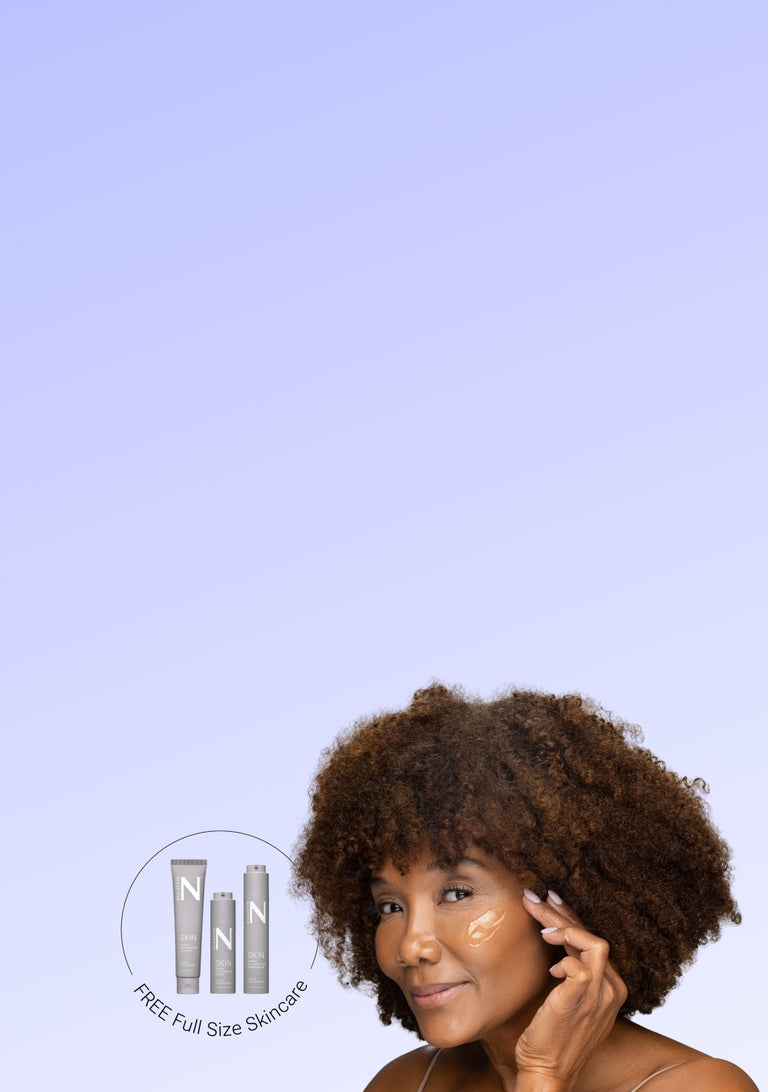 Woman applying skincare beside NULASTIN products with text reading Free Full Size Skincare