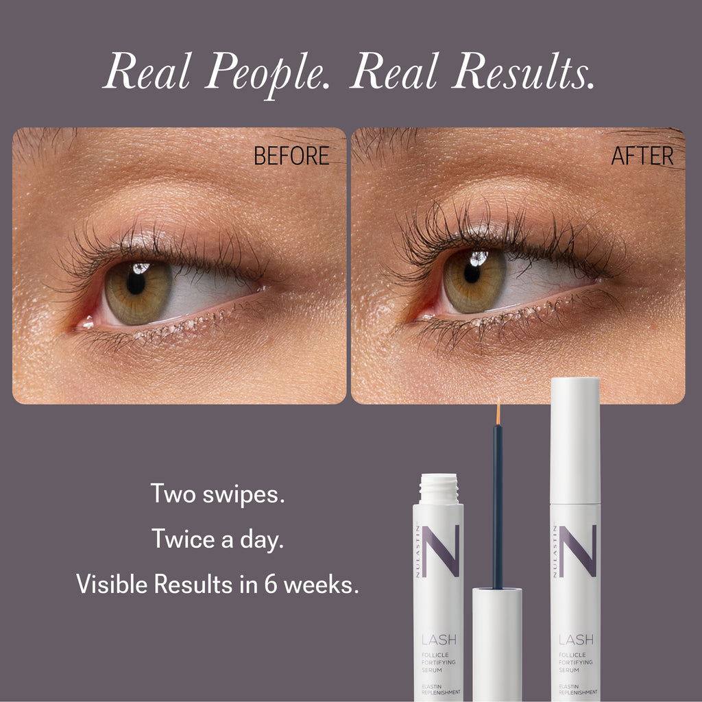Close-up of Signature Collection LASH 2-Pack showcasing before-and-after lash appearance with two serum tubes