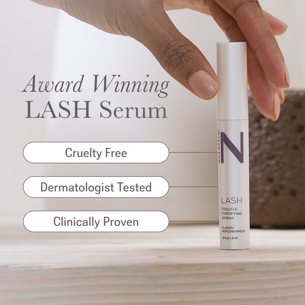 Infographic showing NULASTIN LASH Serum with award-winning and clinically proven lash-care claims