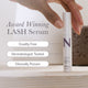 Infographic showing NULASTIN LASH Serum with award-winning and clinically proven lash-care claims