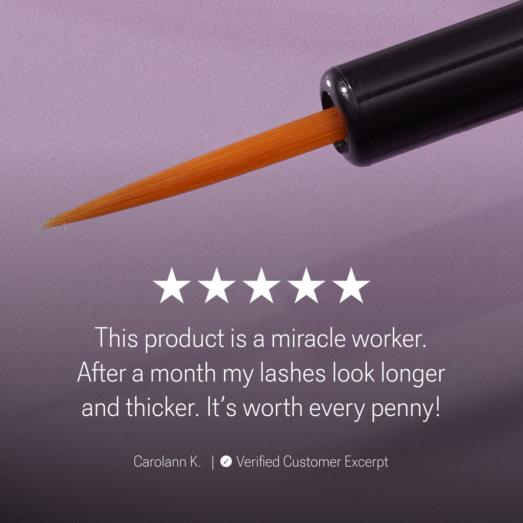 Signature Collection LASH 2-Pack shown as an angled lash serum tube with five-star rating on a dark purple background