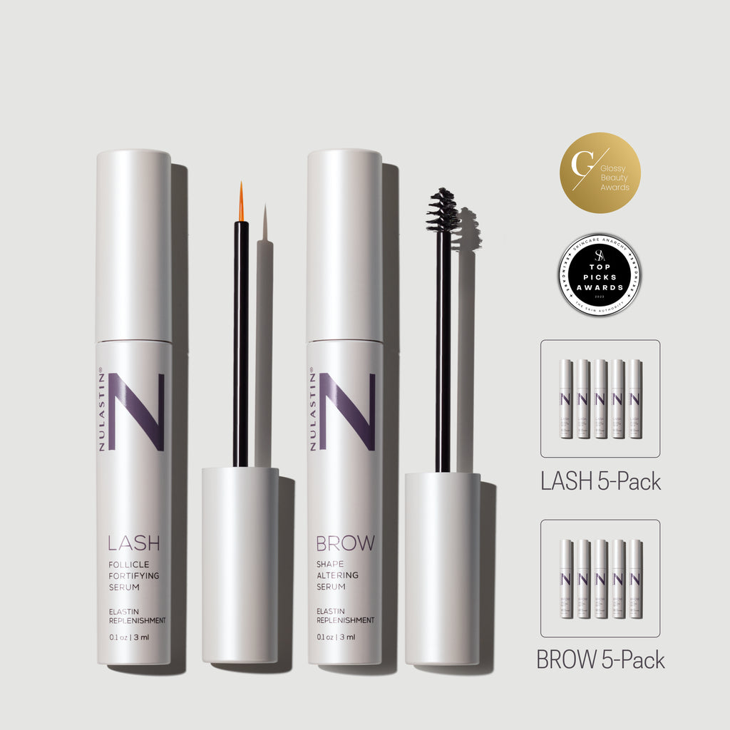 Tube of Nulastin’s bestselling lash and brow serum duo for fuller looking lashes 