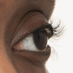 Close up of woman's eye after 6 weeks of using Nulastin lash serum 