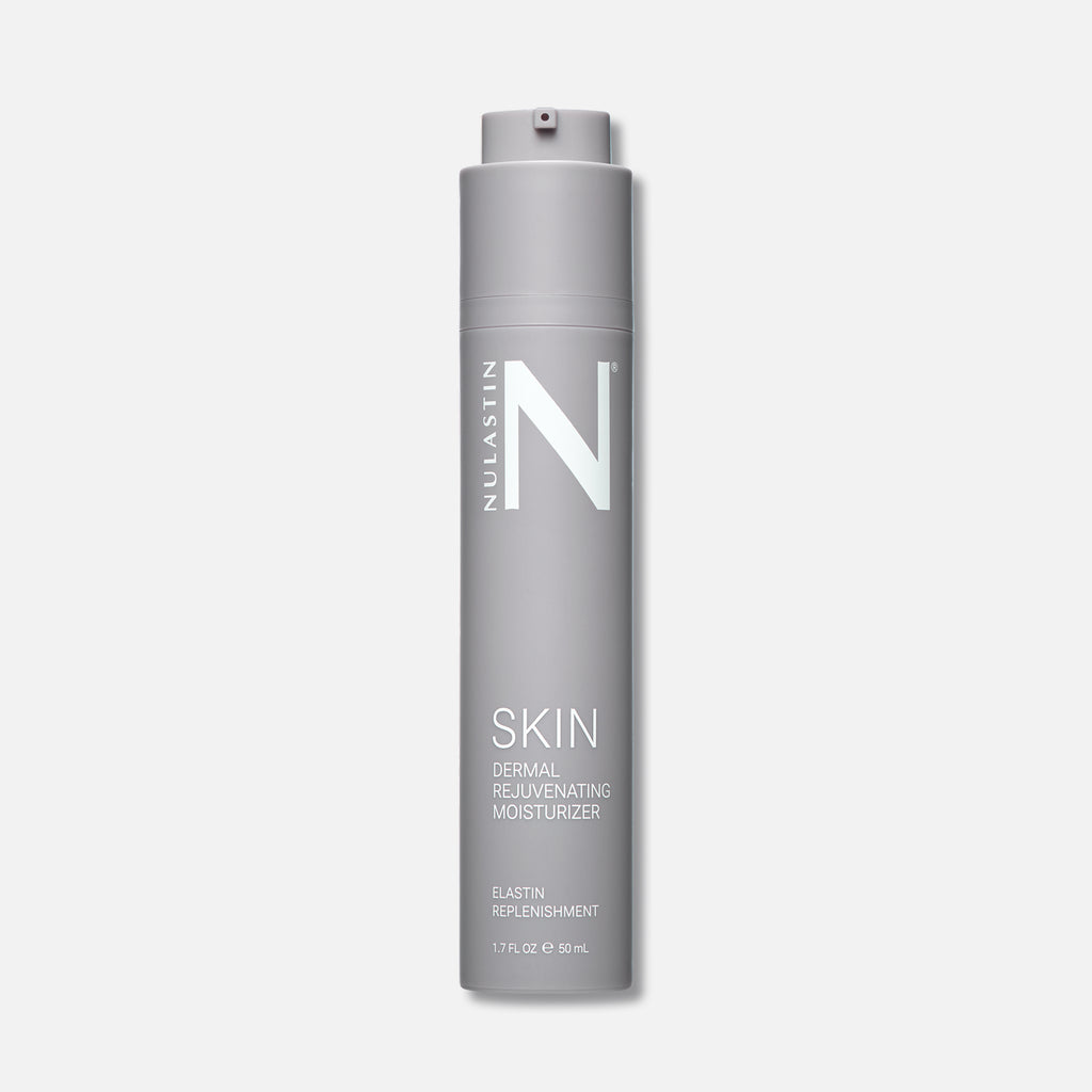Front view of SKIN Dermal Rejuvenating Moisturizer 1.7 fl oz in a slim gray airless pump bottle with NULASTIN logo on light gray background