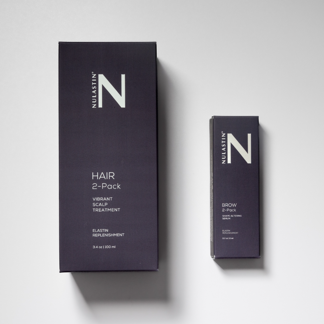 Two NULASTIN hair and brow 2-pack boxes against white surface