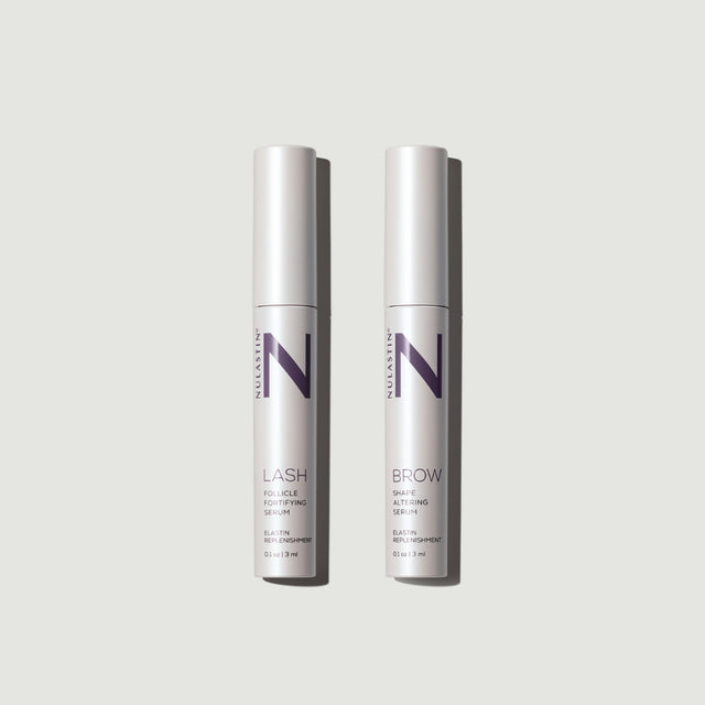 Tube of Nulastin’s bestselling lash and brow serum duo for fuller looking lashes 