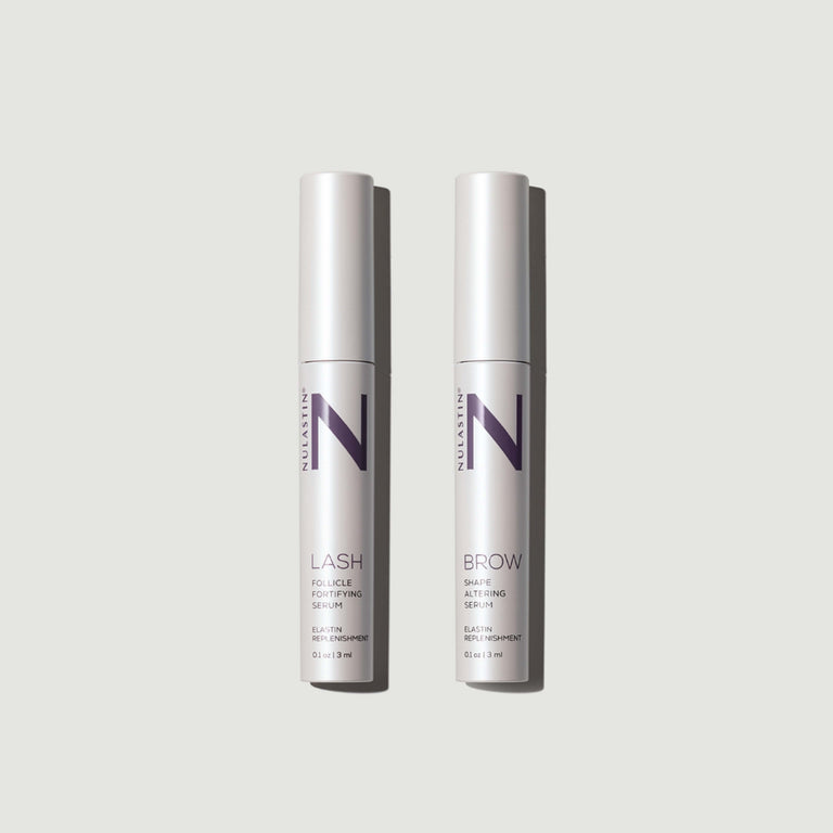 Tube of Nulastin’s bestselling lash and brow serum duo for fuller looking lashes 