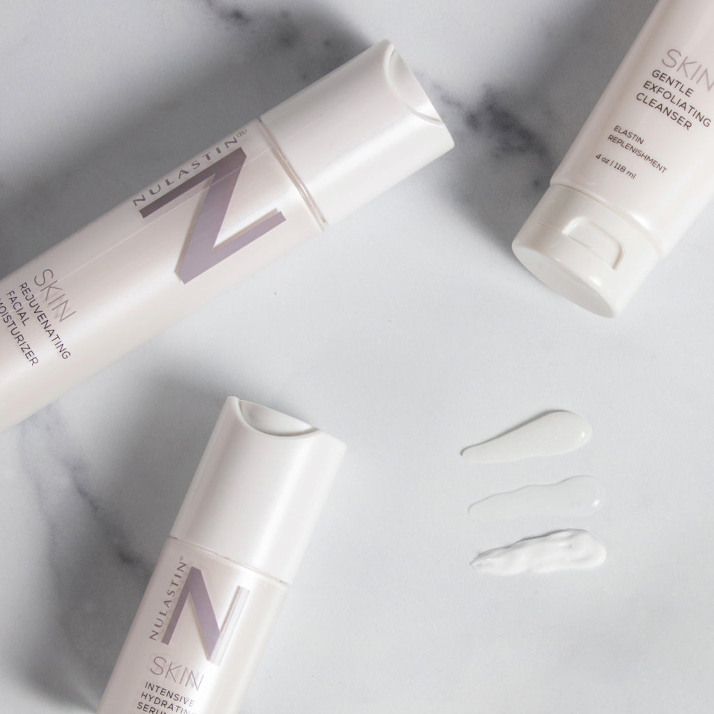 The three Radiant Skincare System products on a marble surface