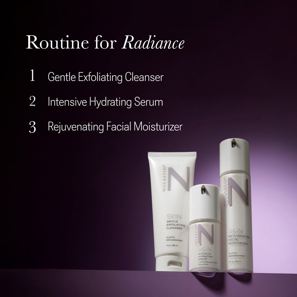 Nulastin’s 3 step radiant skincare routine: cleanser, serum and moisturizer  