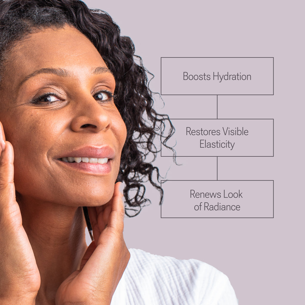 A list of skin benefits for Nulastin Rejuvenating Moisturizer with a woman touching her face