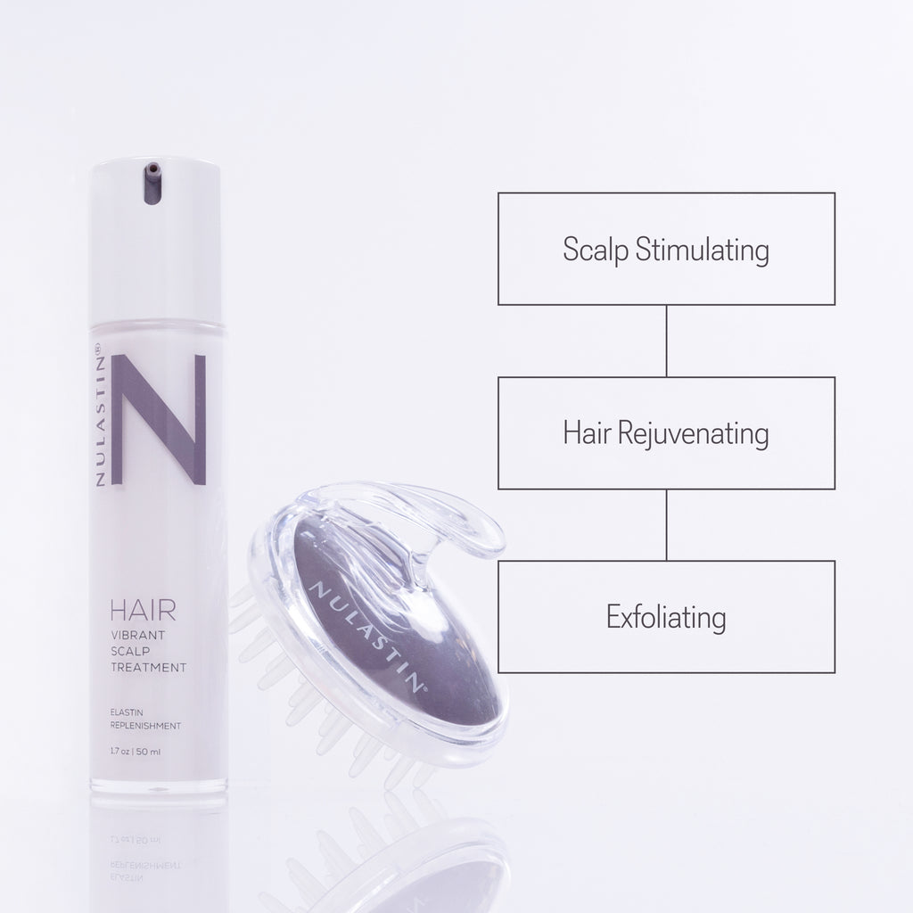 A list of benefits of Nulastin scalp massager, including scalp stimulation and hair rejuvenation