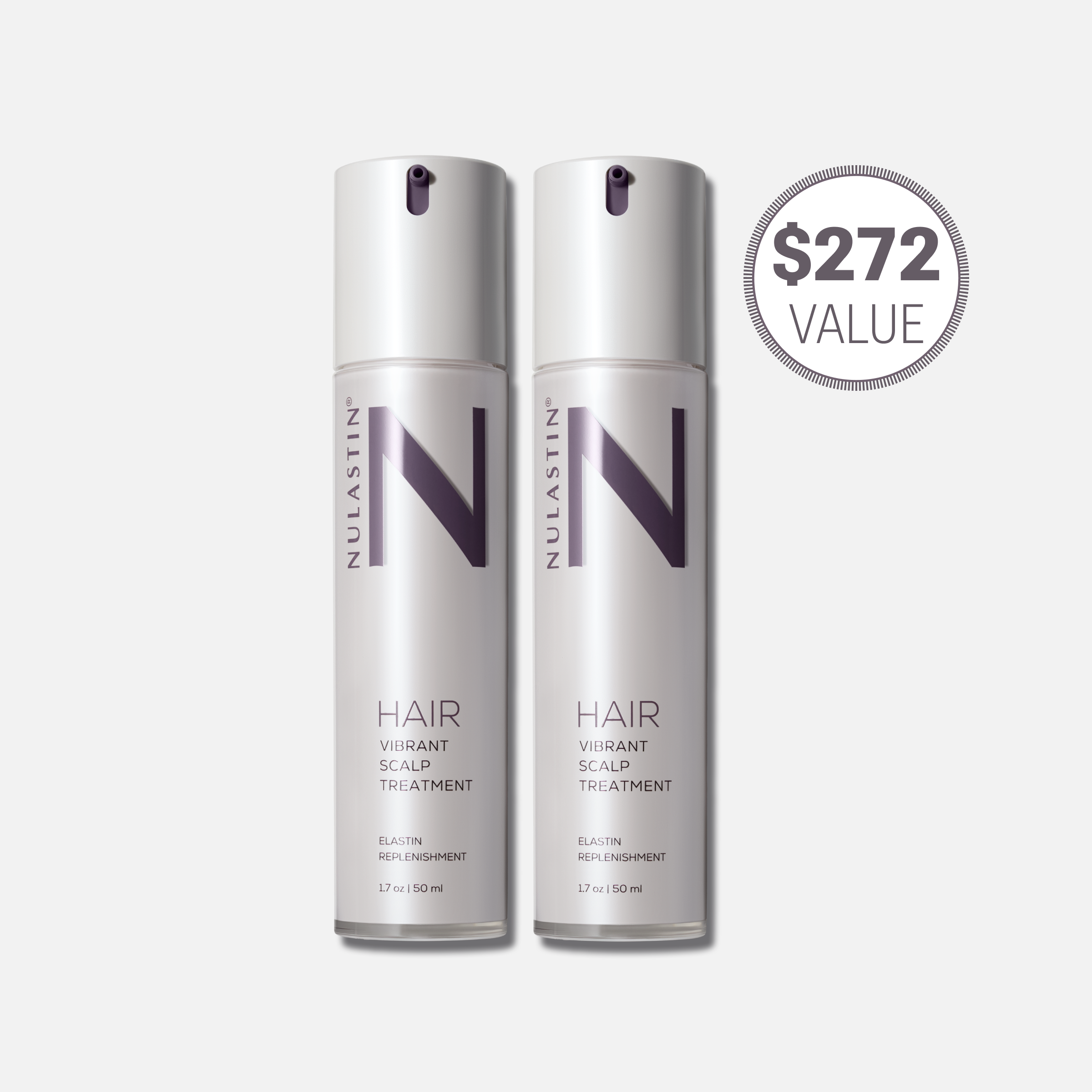 Front view of two HAIR Vibrant Scalp Treatment bottles, 1.7 oz each, showing NULASTIN “N” logo and circular 272 value badge on light background
