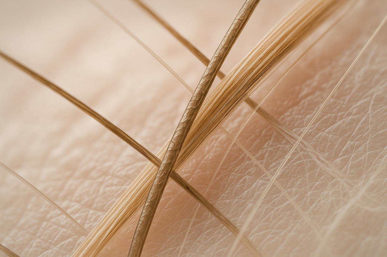 Editorial-style “article hero” — microscope closeup of hair/skin fibers, with a soft overlaid headline text.


Make it look like a beauty magazine feature, not a sales page.

