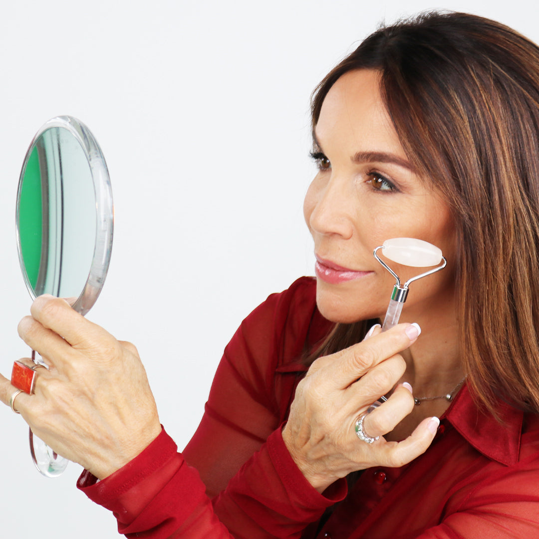 Leah, founder of Nulastin showing how to use the Dual Quartz Facial Roller